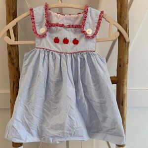 Blue and Red Kids Gingham Dress with Red Ruffles and Apple Embroidery